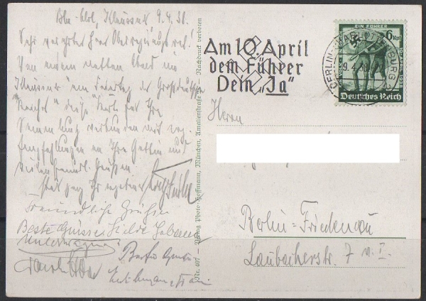 Propagandakarte (Photo Hoffmann), mit Briefmarke Michel Nr. DR. 662 gestempelt.